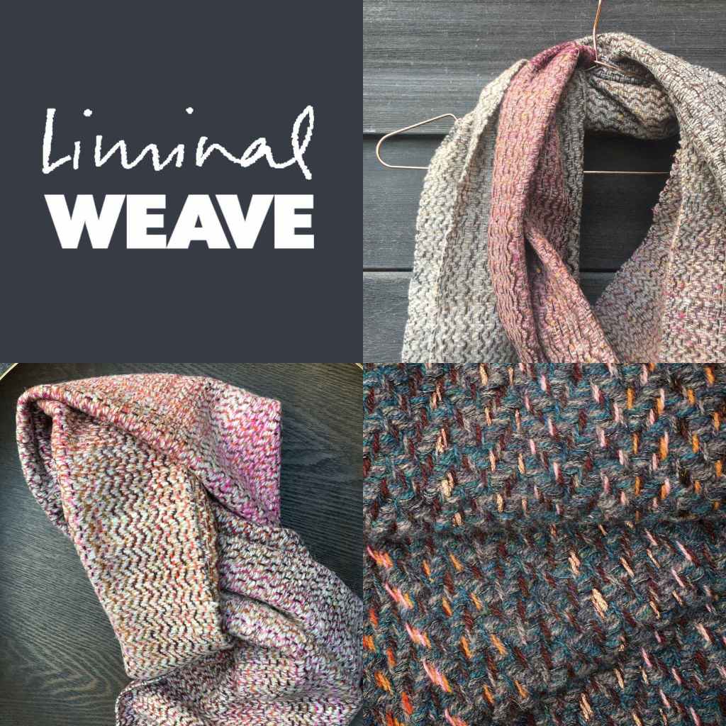 LiminalWEAVE logo and three scarves with detail of fabric
