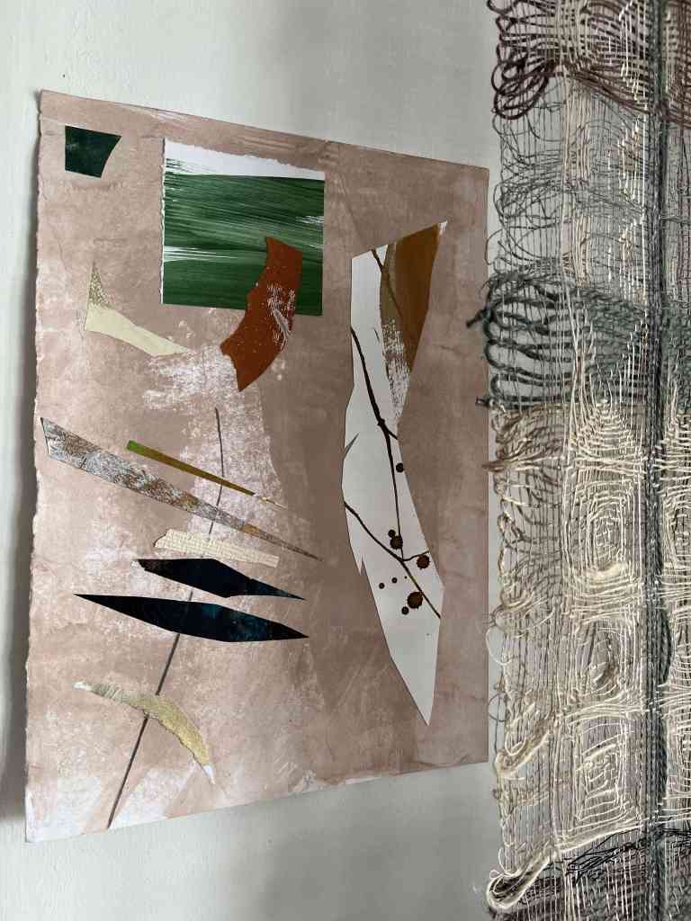 Studio view mixed media collage and wallhanging