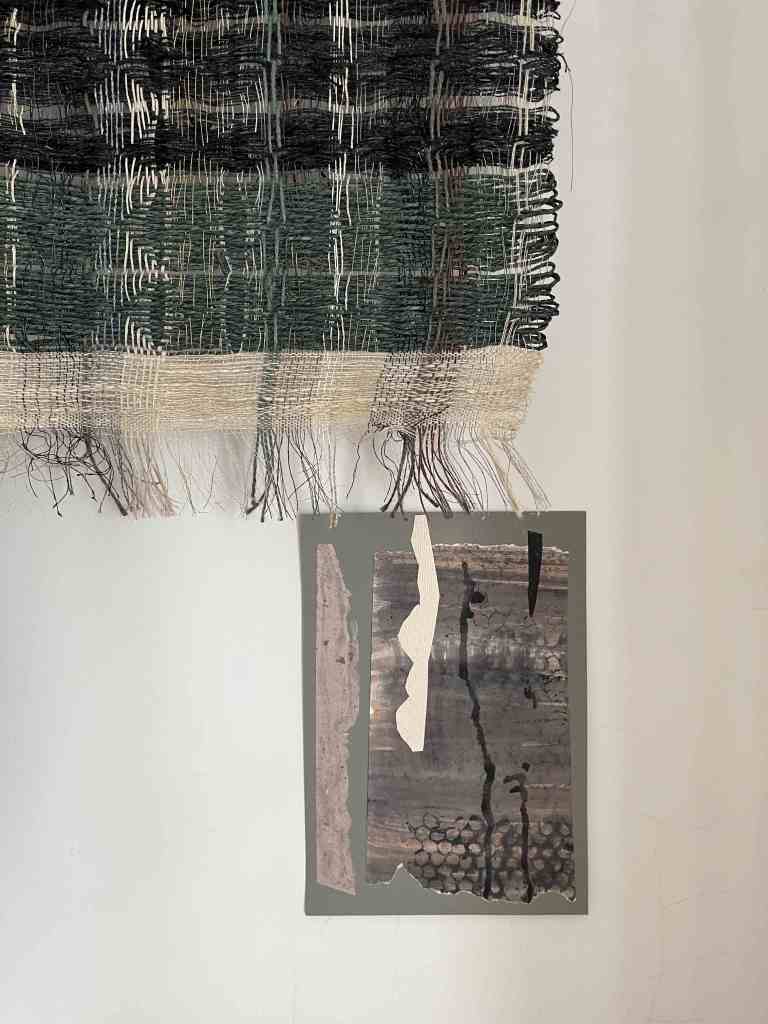 Studio view wallhanging in black jute with collage