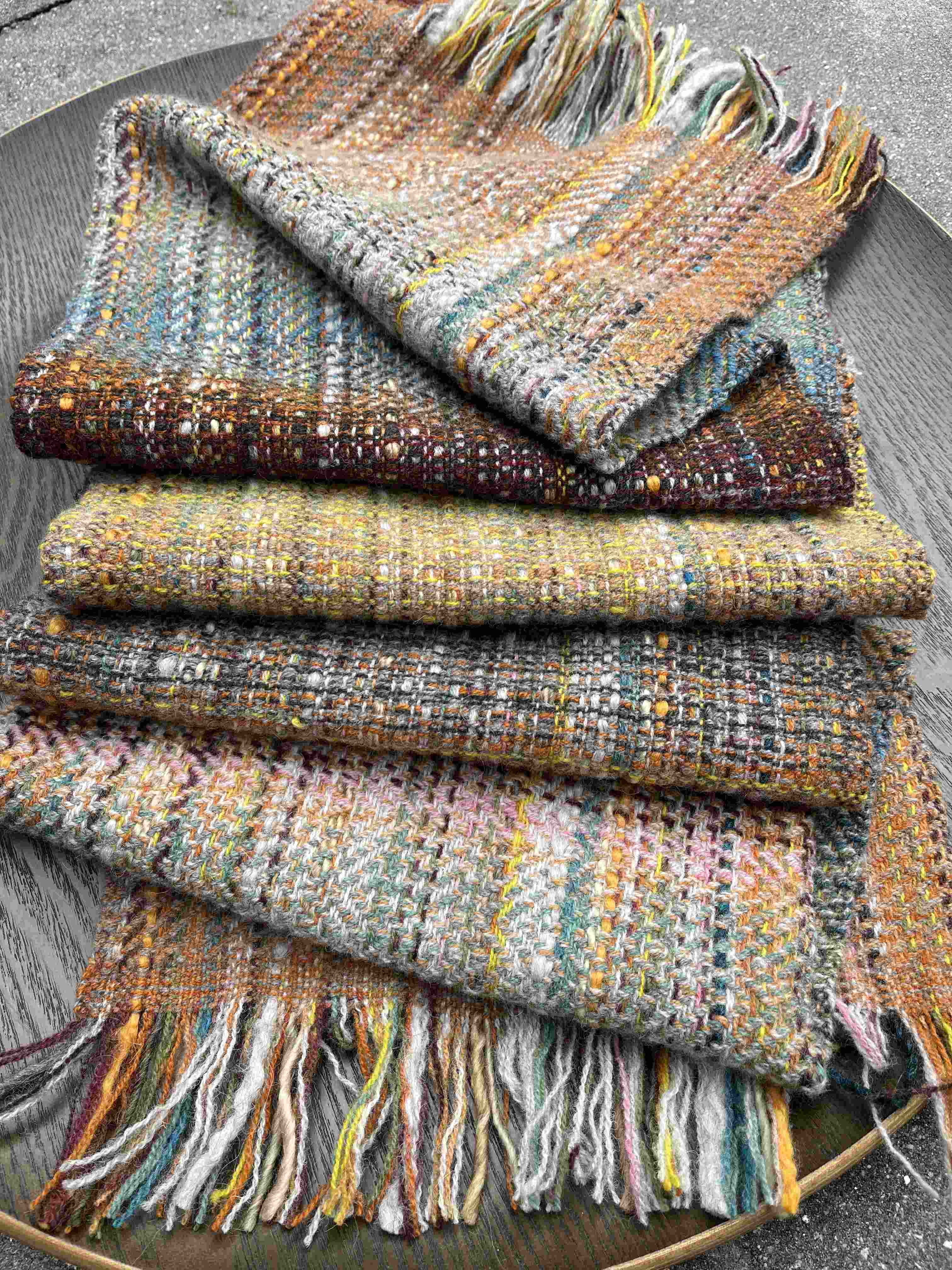 Commissioned scarf in yellows, browns and blues